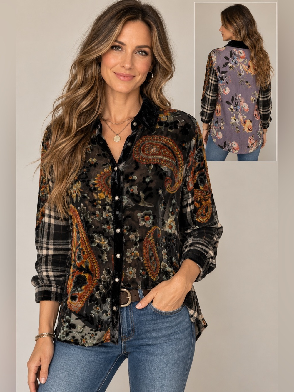 Aratta silent Journey Black Multicolor Paisley Velvet Button-Up Shirt Sz M
